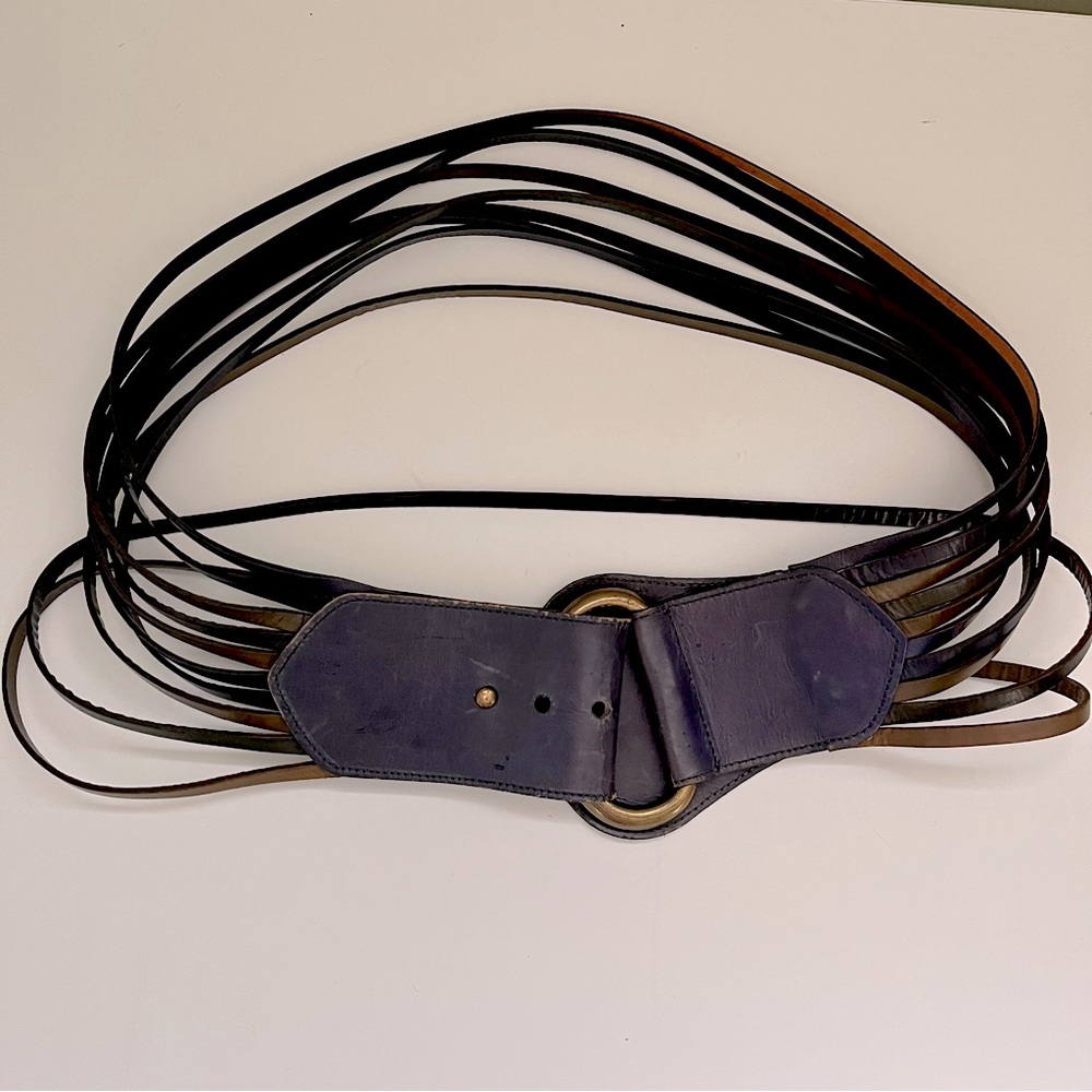 Joan & David Blue and Brown Leather Belt with Multi-Strand Design chunky belt